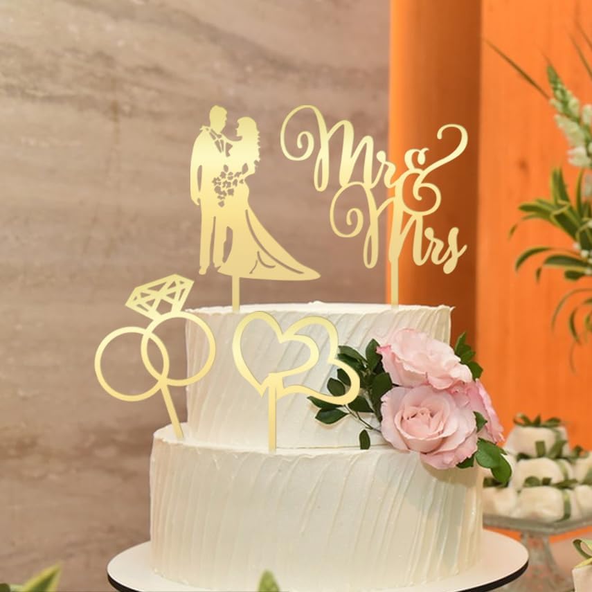 4 PCS Mr and Mrs Cake Wedding Topper,Gold Acrylic Cake Topper,Bride and Groom Sign Wedding,Engagement Cake Toppers Decoration,Bridal Shower,Bride and Groom Anniversary Party Decoration