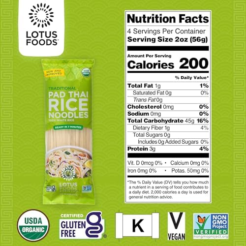 Lotus Foods Traditional Pad Thai Rice Noodles - Pad Thai Noodles, Asian Noodles, Gluten Free Noodles, Rice Noodles, Whole Grain, Non GMO, USDA Organic - 8 Oz (Pack of 3)