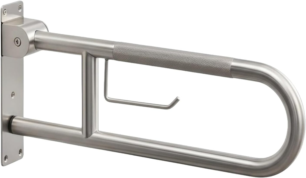 Toilet Grab Bar,23.6 Inch Flip-Up Bathroom Safety Rails with Paper Holder, Anti-Slip Handicap Grab Bars for Toilet, Stainless Steel Folding Support Handrail for Seniors, Elderly