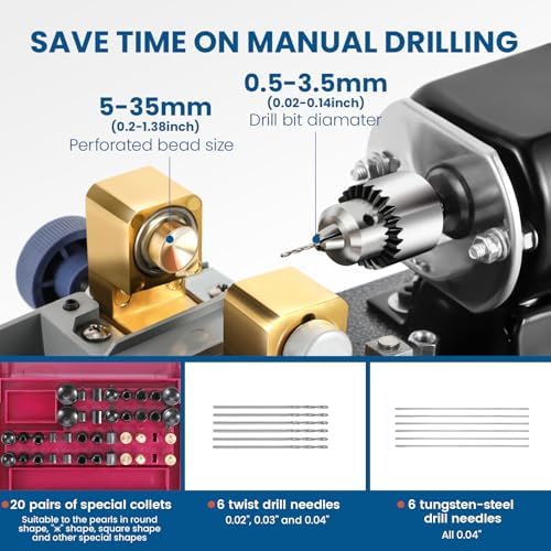 BAOSHISHAN 280W Pearl Drilling Machine Coral Driller Amber Holing Machine Upgrade Large Plastic Pallets Full Set Speed Adjustable 110V (with 6pcs tungsten steel needles)
