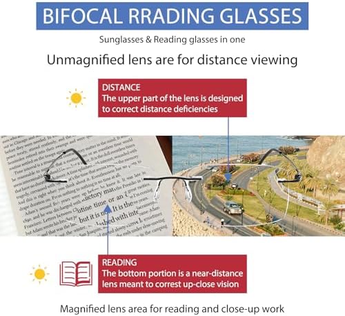 Rimless Transition Photochromic Bifocal Reading Glasses For Men and Women UV Protection Sunglasses Readers Titanium 2.0