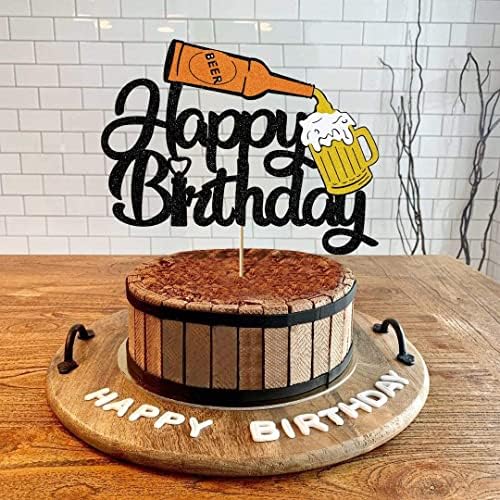 Happy Birthday Beer Cake Topper, Glitter Topper for Cheers and Beer Themed Parties, Cake Decorations for Adult Men Women Night Club Event Party (6.7"x5.16")