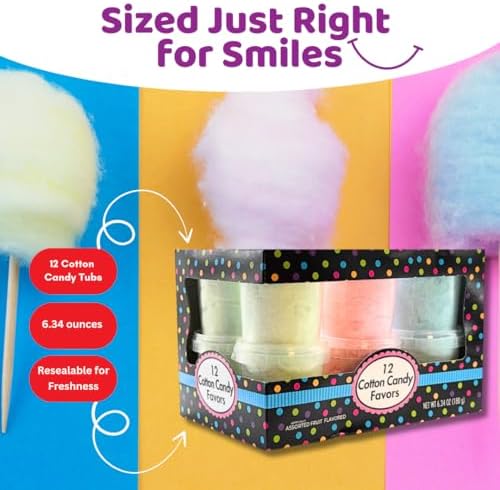 Albert's Variety Flavored Cotton Candy – 12 Pack – Fluffy Rainbow Assorted Sweet Treat – Resealable Tubs – Perfect for Parties & Events, (Assorted mix of Blueberry, Apple, Strawberry)