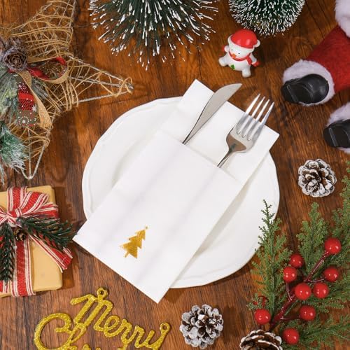 Whaline 100 Pcs Christmas Tree Linen Feel Napkins with Built-in Flatware Pocket Gold Foil Pine Tree Disposable Paper Napkins for Xmas Holiday Party Dinner Table Supplies