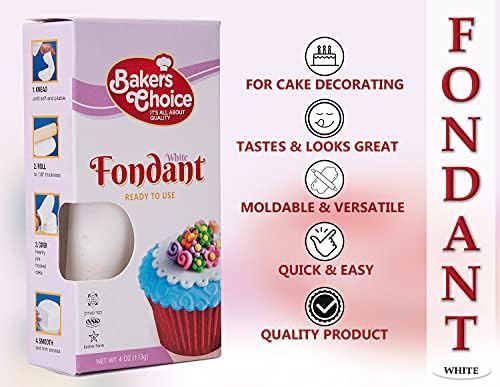 White Fondant Icing - 4 oz. - Ready to Use Cake Decorating Frosting - Easy To Roll, Moldable, Kosher, Dairy Free, and Nut Free - White Fondant For Cakes Cupcakes and Cookies - By Baker’s Choice