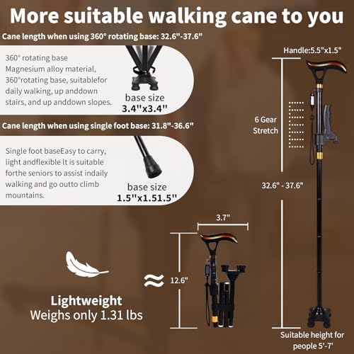 Smart Alarm Walking Cane for Men & Women, Foldable with LED Light, Ergonomic Handle and Shock-absorbingbase Stable and Easy to Store