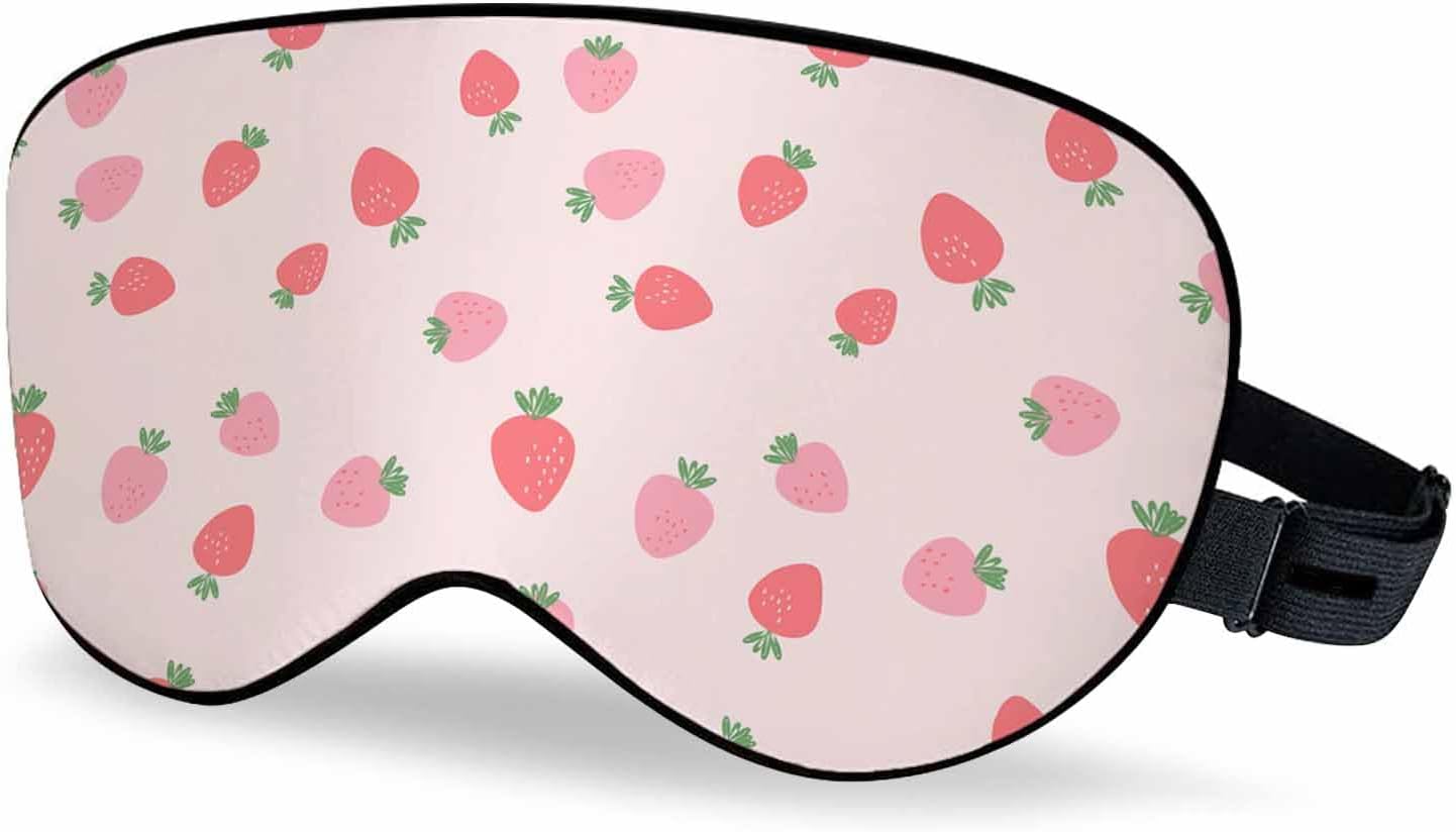 Strawberry Sleep Eye Mask Fruit Green Leaves Cute Flower Men Women Sleep Mask with Adjustable Strap Eye Cover Eye Shade for Travel, Nap,Meditation
