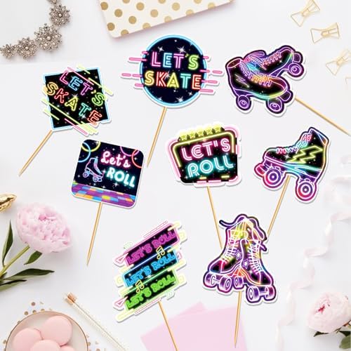 24 Pcs Roller Skating Cupcake Toppers Roller Skate Cake Decorations Roller Skating Party Decorations Cupcake Toppers for Roller Skate Birthday Party Decorations