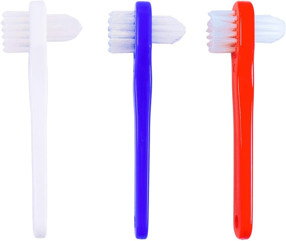 OASISGUEST Denture Cleaning Brush Set, T-Shaped Special Toothbrush, Hard Toothbrush, for Denture Care (Blue, Red, White, 3 Count (Pack of 1))