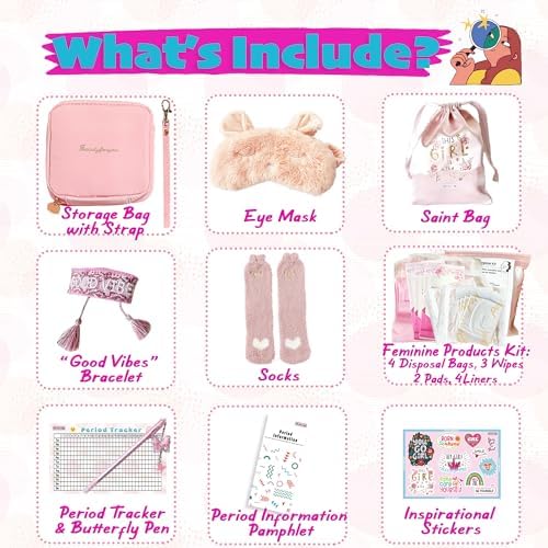 First Period kit for Girls | 22 PC Period Packs for Young Girls First Time | First Period Gift for Teen Girls with Sanitary Pad Storage Bag, Wipes, Bracelet, Eye Mask, Socks and More(Pink)
