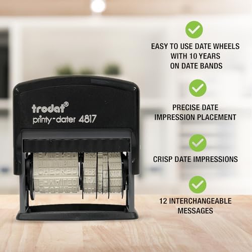 Trodat Printy 4817 Economy Dial-A-Phrase, 12 Popular Office Messages, Month in Letters, Day and Year in Numbers, Rubber Date Stamp – Self Inking (Black)