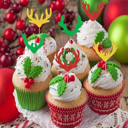 24 pcs Antler Cupcake Toppers Wooden Deer Cake Picks Decorations Baby Shower Wedding Hunting Boho Rustic Country Birthday Theme Party Supplies