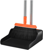 FGY Long Handle Broom and Dustpan Set 53" Broom with Upright Dustpan for Home Kitchen Office Cleaning (Black & Orange)