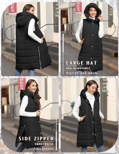 Long Puffer Vest Women Quilted Hooded Vest Zip Up Sleeveless Vests Outerwear Padded Jacket Warm Winter Coat 2026
