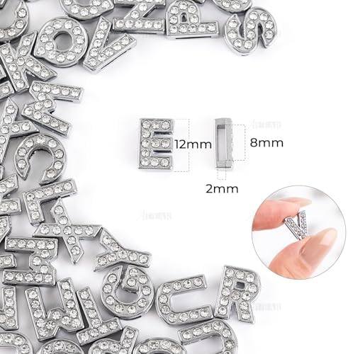 AUEAR, 52 Pack Silver A-Z 8mm Full Rhinestone Slide Crystal Alphabet Alloy Letter Charm for Bracelets Necklace Wristbands DIY Jewelry Making