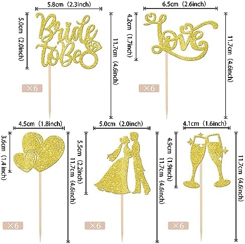 Rsstarxi 30 Pack Bridal Shower Cupcake Toppers Bride to Be Cupcake Toppers Glitter Love Heart Ring Bride and Groom Cupcake Picks for Wedding Engagement Bachelorette Party Decorations Gold
