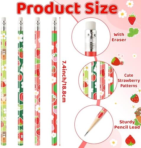 Xqumoi 60Pcs Strawberry Pencils with Eraser - Cute Fruit Theme #2 HB Pencils, School Classroom Student Rewards Back to School Office Supply Party Goodie Bag Fillers Stuffers Birthday Party Favors