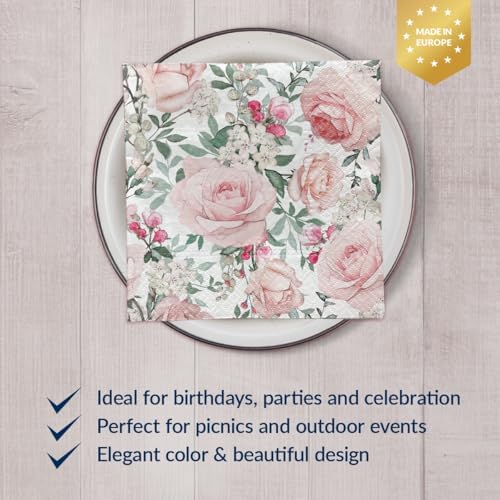 PAW - Luncheon Floral Napkins 6,5'' x 6,5'', Disposable Paper Napkins with Roses, Lunch Napkins for Wedding, Bridal Party, Birthday, Decoupage, Tableware Party Supplies, 50 Count