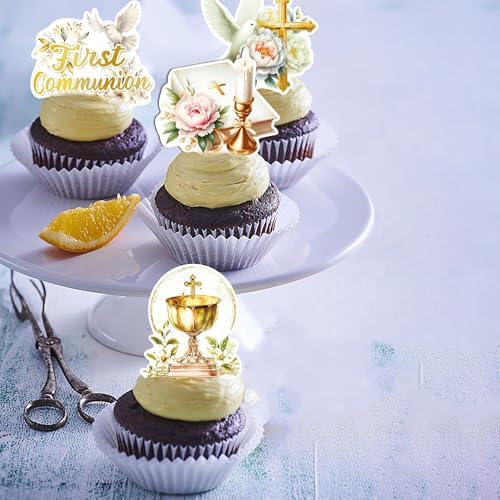 48 PCS Edible First Holy Communion Cupcake Toppers Wafer Paper Dove Cross God Bless and Baptism Cupcake Picks First Communion Theme Baby Shower Birthday Party Cake Decorations