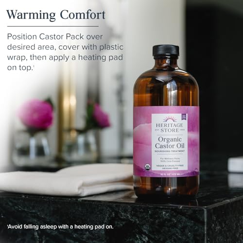 HERITAGE STORE Organic Castor Oil Pack Wrap Kit - Soothing Castor Oil Packs, Heat Compress for Abdomen, Joints, Overall Health - 16oz Cold Pressed Organic Castor Oil and 12 x 27 in. Wool Flannel Cloth