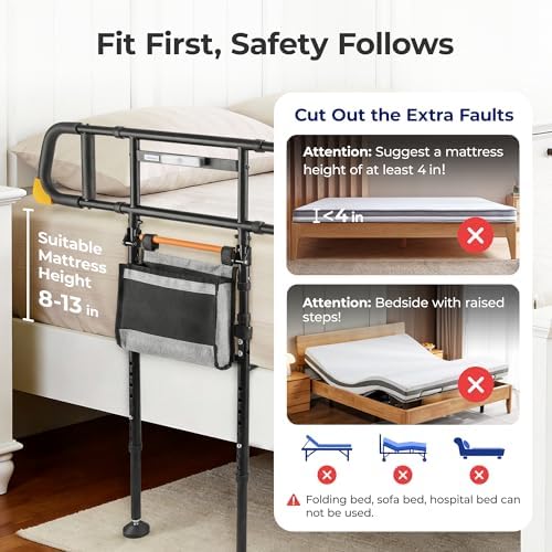 C5 Pro Bed Rail for Home Safety - Foldable Bed Rail for Seniors with Motion-Activated Light & Storage Bag, 350 lbs Weight Capacity