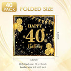 40 Pack 40th Birthday Napkins Black and Gold Glitter - 2-Ply Disposable 6.5x6.5 Inches 40th Party Supplies & Tableware