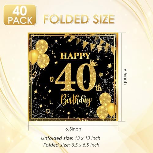 40 Pack 40th Birthday Napkins Black and Gold Glitter - 2-Ply Disposable 6.5x6.5 Inches 40th Party Supplies & Tableware