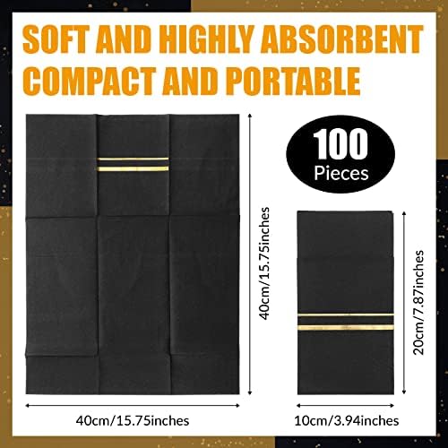 100 Pack Dinner Napkins Disposable Linen Feel Dinner Napkins with Built-in Flatware Pocket Gold Trim Lined Pre Folded Napkins Cloth Like Paper Napkins for Wedding Dinner Party (Black,Gold)