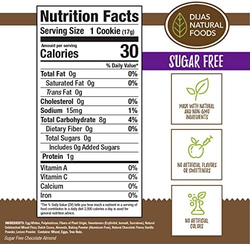 DIJAS Natural Foods, Crunchy Sugar-Free Biscotti Cookie, All Natural, Fat Free, Preservative Free Ingredients, Delicious Low Calorie Snack (5 Ounces, Chocolate Almond)