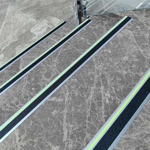 3 Pack 48 in L Shaped Stair Nosing with Green Glow Strip, Outdoor Aluminum Stair Edge Protector, Long Stair Edging Stair Trim, Anti Slip Traction Steps Treads Plate Help Elderly, Kids Walk