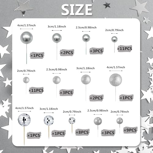 56 PCS Colorful Ball Shaped Cake Topper Pearl Balls Cupcake Cake Insert Topper for Birthday Party Wedding Decoration Supplies (Silver)