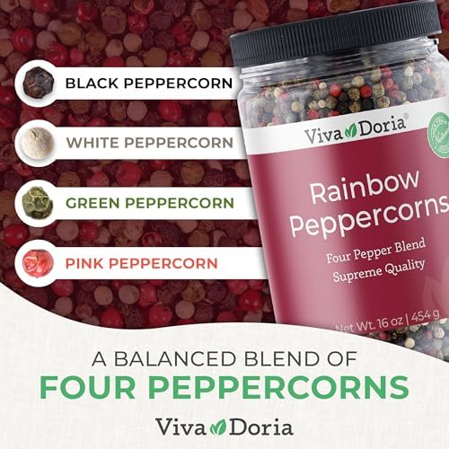 Viva Doria Rainbow Blend Peppercorn, Steam Sterilized Whole Black/Green Pepper, Whole Pink/White Pepper, 16 Oz, For Grinder Refills