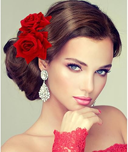 Bememo 2 Pack Women Rose Flower Hair Clip Rose Side Combs Flamenco Flowers Day of the Dead Costumes Mexican Hair Accessories for Wedding Party Decor Gift for Women Mom Grandma(Red)