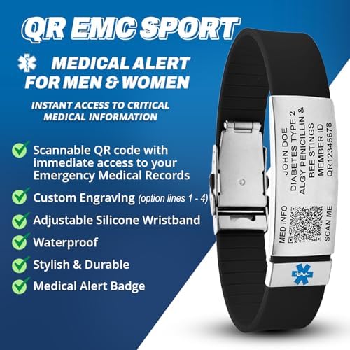 QR Code Medical Alert ID Bracelet for Men Women – Scannable Emergency Medical ID Wristband with Online Health Profile & ICE Contacts – Custom Engraved Waterproof Silicone Medic Band for Diabetes