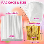 600Pcs Lollipop Stick, 6IN Cake Pop Sticks with Clear Treat Bags & Gold Twist Ties, Cake Pops Making Tools for Lollipops, Candies, Chocolates Cookies