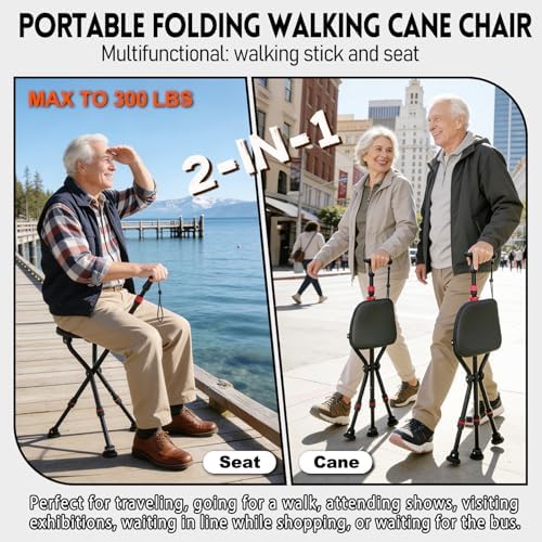 300-Pound Capacity Folding Cane with Seat, Adjustable Seat & Cane Height, Portable, Non-Slip Pads, Suitable for Middle-Aged & Senior Users, Daily Walking, Waiting in Line & Travel