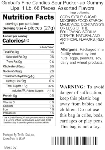 Gimbal's Fine Candies Sour Pucker-up Gummy Lips, 1 Lb, 68 Pieces, Assorted Flavors