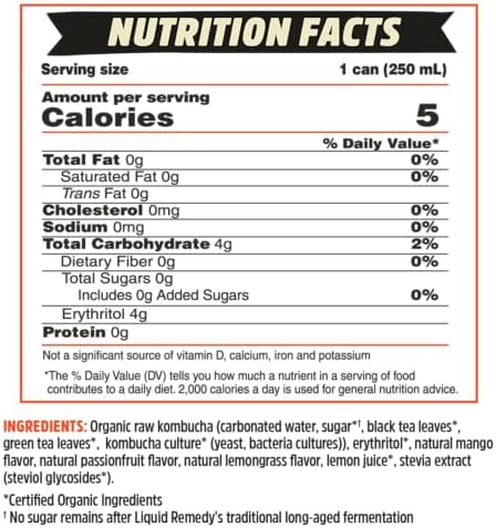 Liquid Remedy Kombucha Sugar Free Organic Drink, Low Calorie, Probiotic Like Tea for Gut Health - Mango Passion - 8.5 Fl Oz Can, 24-Pack