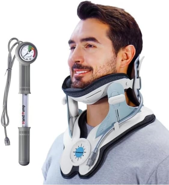 Cervical Neck Traction Device, Adjustable Air Pump Inflatable, Built-in 8 Airbag, Neck Stretcher for Cervical Pain Relief and Relaxation, Easy to Wear for Home Use