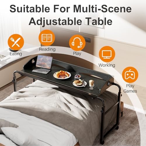 BYMECOST Laptop Desk for Bed, Adjustable Height & Length Laptop Bed Table,Overbed Table with Wheels for Queen Size Beds,Rolling Standing Desk,Over Bed Desk for Working Reading Eating