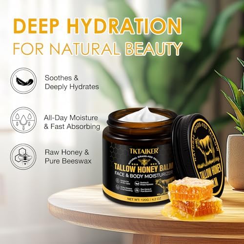 Beef Tallow for Skin, Beef Tallow for Face, Hydrating Tallow Balm with Raw Honey and Beeswax, Grass-Fed Beef Tallow & Raw Wild Honey Blend, Body & Face Moisturizer, Natural Formula, Light Scent