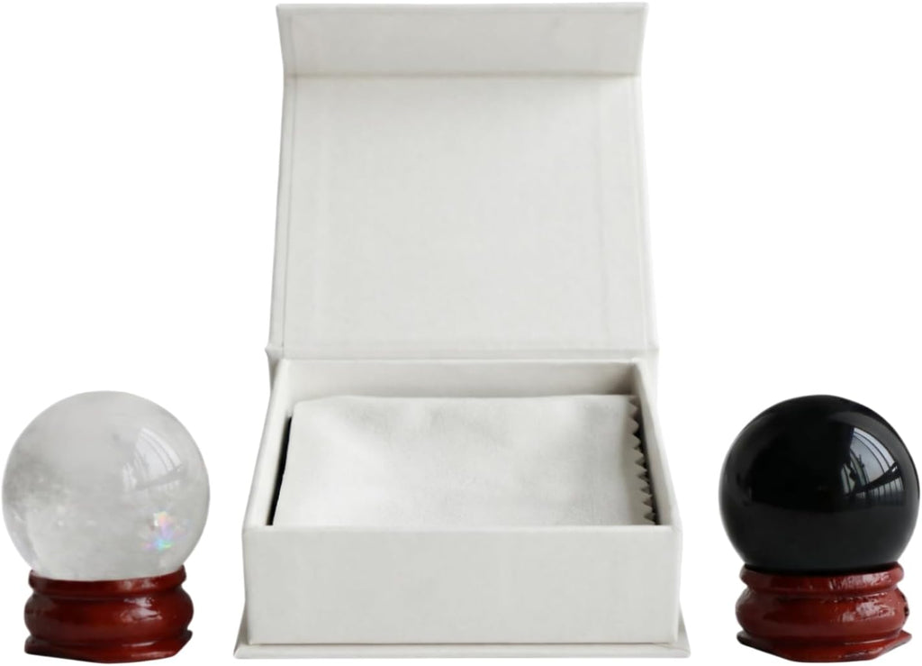Natural Clear Crystal Ball Sphere with Red Wooden Stand Hand-Carved Quartz Gemstone Home Decor Office Desk Ornament Yoga Meditation Mindfulness Zen Decor Gift ((Clear Quartz+Obsidian) Gift Box Set)