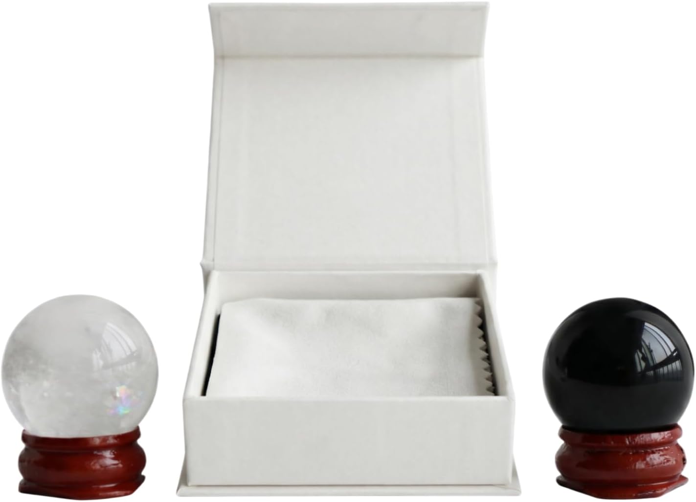 Natural Clear Crystal Ball Sphere with Red Wooden Stand Hand-Carved Quartz Gemstone Home Decor Office Desk Ornament Yoga Meditation Mindfulness Zen Decor Gift ((Clear Quartz+Obsidian) Gift Box Set)