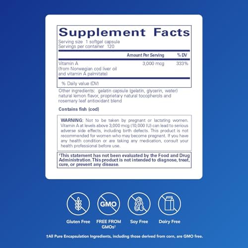 Pure Encapsulations Vitamin A - 3,000 mcg - from Cod Liver Oil - Immune & Vision Support* - Vitamin A Palmitate Supplement - Non-GMO - 120 Softgel Capsules