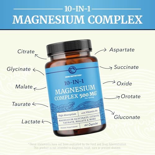 10 in 1 Magnesium Complex Supplement 500MG | Magnesium Citrate, Mag Glycinate, Malate & More | High Absorption Mag Complex with Vitamin B6 | Bone, Muscle & Heart Health Support | Non-GMO | 60 Ct.