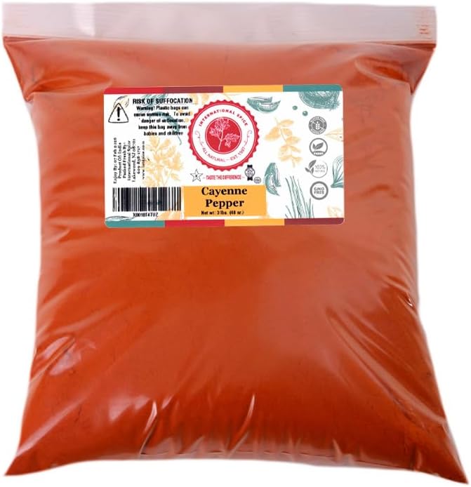 Cayenne Pepper by International Spice, Red Cayenne Pepper Seasoning Powder, Essential Gourmet Kitchen Spice, Bulk, 3 lb. Bag
