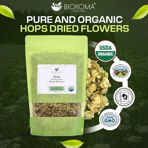 Biokoma Organic Hops Dried Flowers 1.76oz - USDA Organic Herbal Tea - Dried Humulus lupulus Loose Flowers - Resealable Moisture Proof Pouch - No Additives - No Preservatives - Non GMO, Kosher