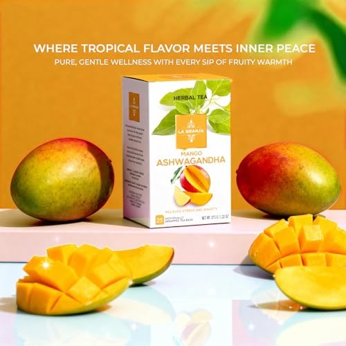 Life Plus Style Gourmet La Granja Mango Ashwagandha Herbal Tea 25 Individually Wrapped Tea Bags Chamomile Hibiscus Ginger & Ashwagandha Blend Caffeine Free Fruity Herbal Infusion Natural Tea Gift for Women & Tea Lovers