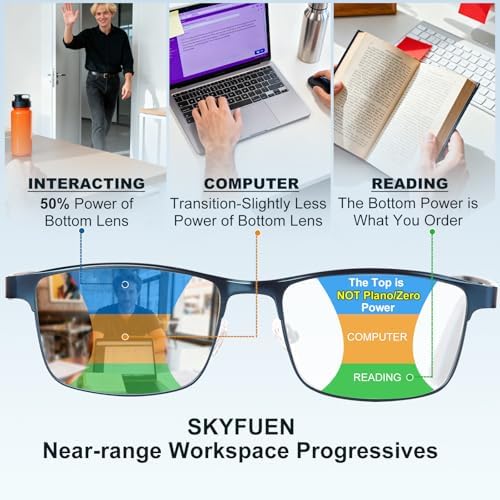 SKYFUEN Progressive Reading Glasses Men Multifocus Metal Frame No-Line Anti-Blue Light Computer Readers with Spring Hinges