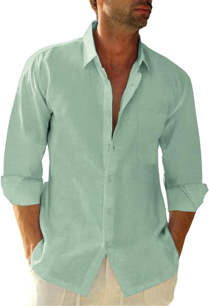 JEKAOYI Button Down Linen Shirts for Men Casual Long Sleeve Regular Fit Cotton Beach Shirts with Pocket